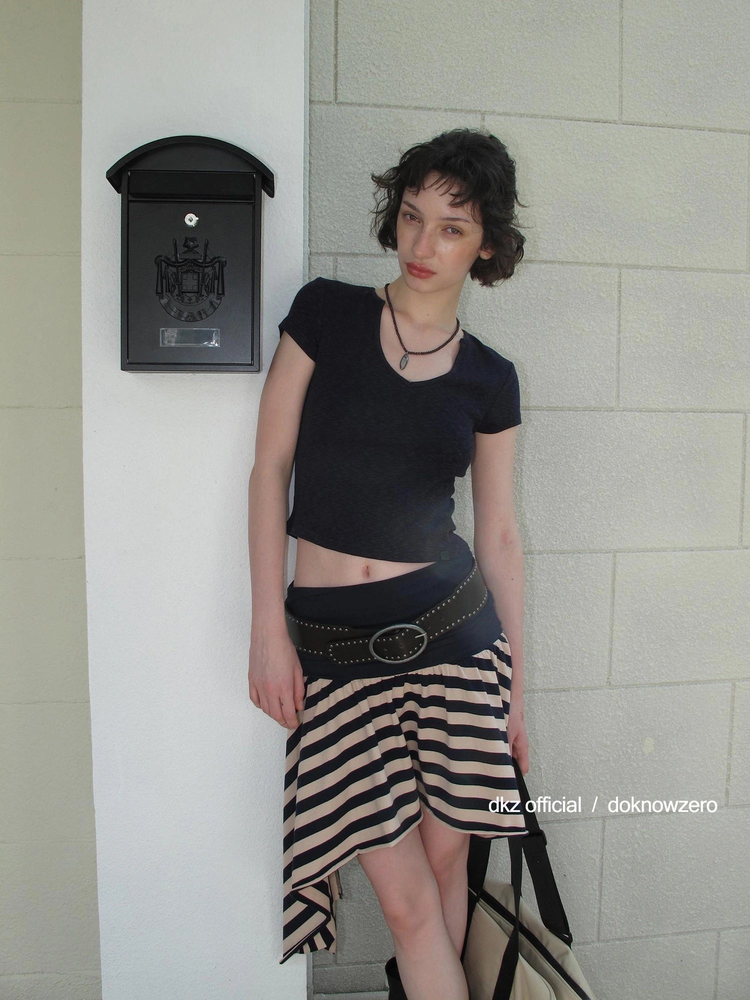 DKZ OFFICIAL Irregular Stripe Layering Skirt With Asymmetric Hem