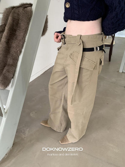 DKZ OFFICIAL Khaki Cargo Pocket Vintage Moto Street Women&