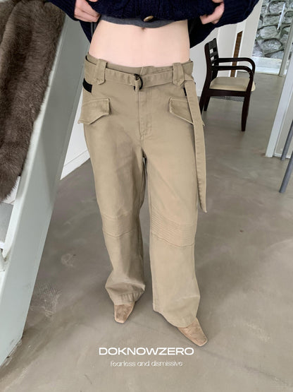 DKZ OFFICIAL Khaki Cargo Pocket Vintage Moto Street Women&