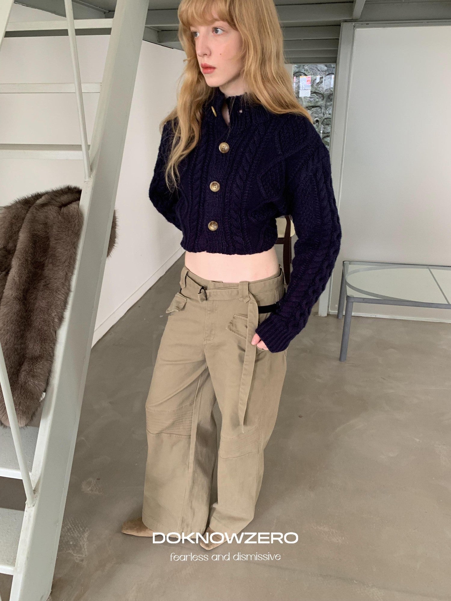 DKZ OFFICIAL Khaki Cargo Pocket Vintage Moto Street Women&