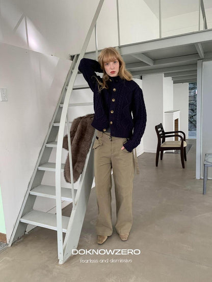 DKZ OFFICIAL Khaki Cargo Pocket Vintage Moto Street Women&