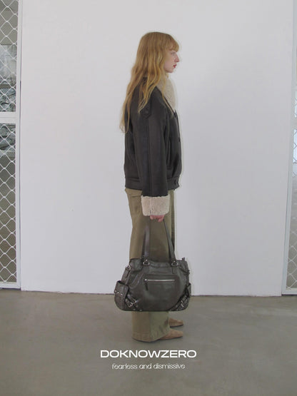 DKZ OFFICIAL Khaki Cargo Pocket Vintage Moto Street Women&