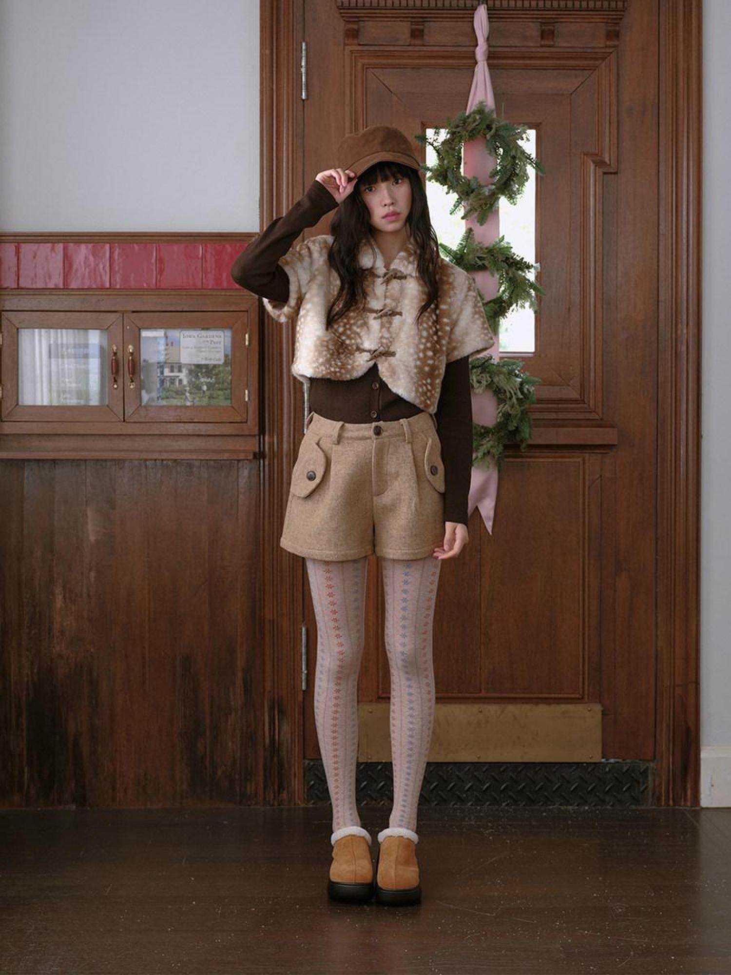 DKZ OFFICIAL Khaki Deer Print Buttoned Cropped Women&