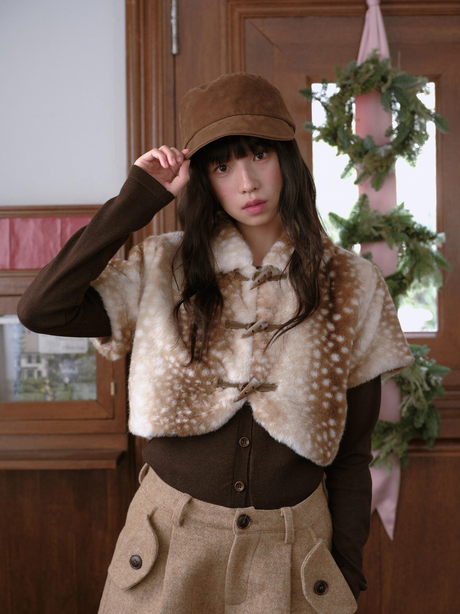 DKZ OFFICIAL Khaki Deer Print Buttoned Cropped Women&