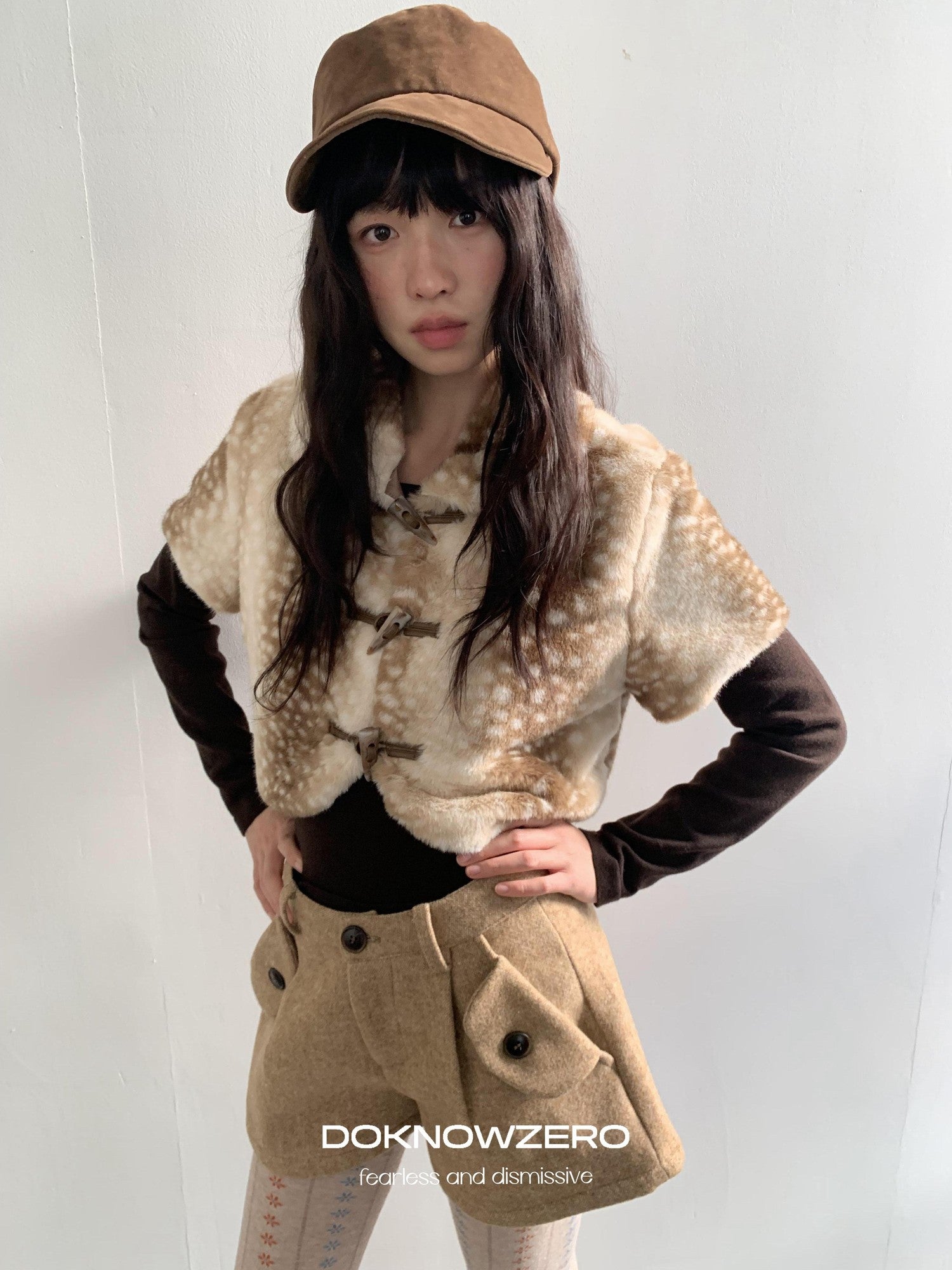 DKZ OFFICIAL Khaki Deer Print Buttoned Cropped Women&