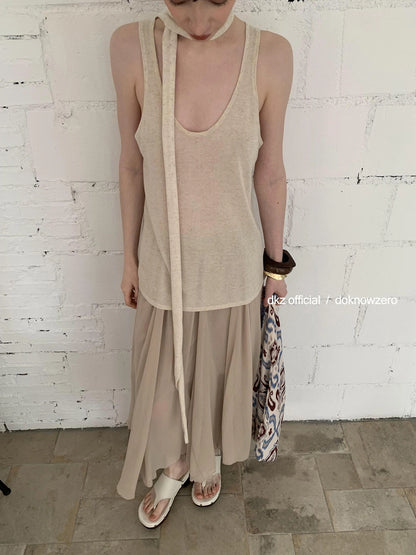 DKZ OFFICIAL Khaki Elastic Waist Flowy Mesh Midi Skirt
