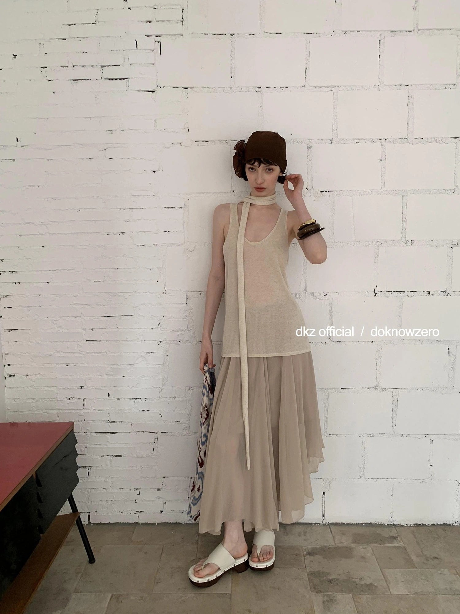 DKZ OFFICIAL Khaki Elastic Waist Flowy Mesh Midi Skirt