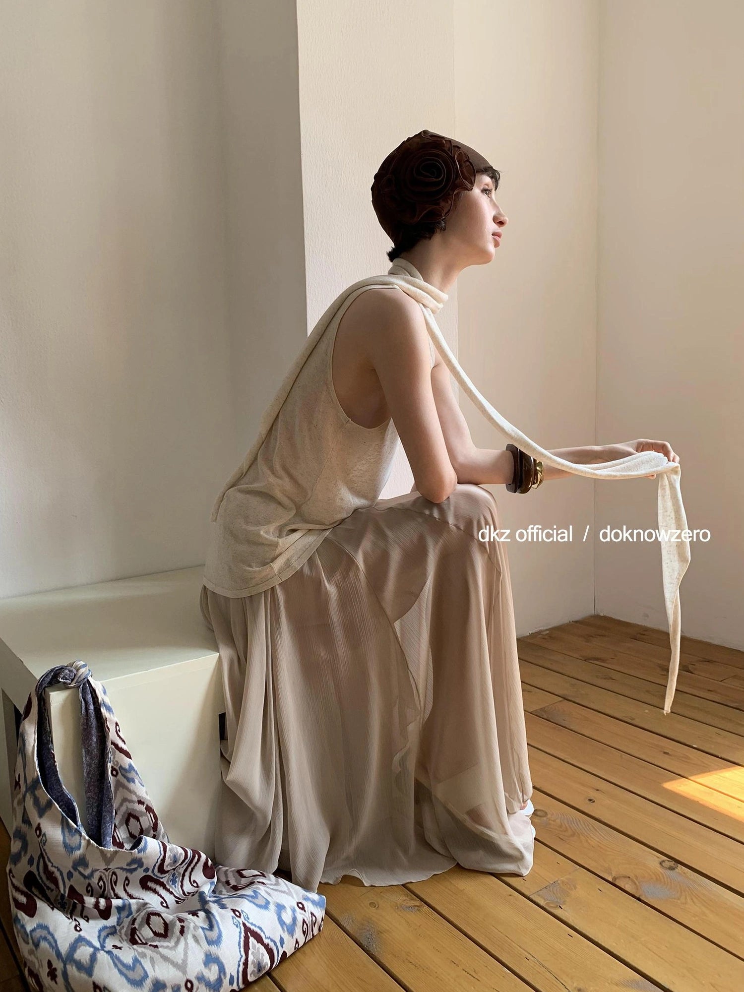 DKZ OFFICIAL Khaki Elastic Waist Flowy Mesh Midi Skirt