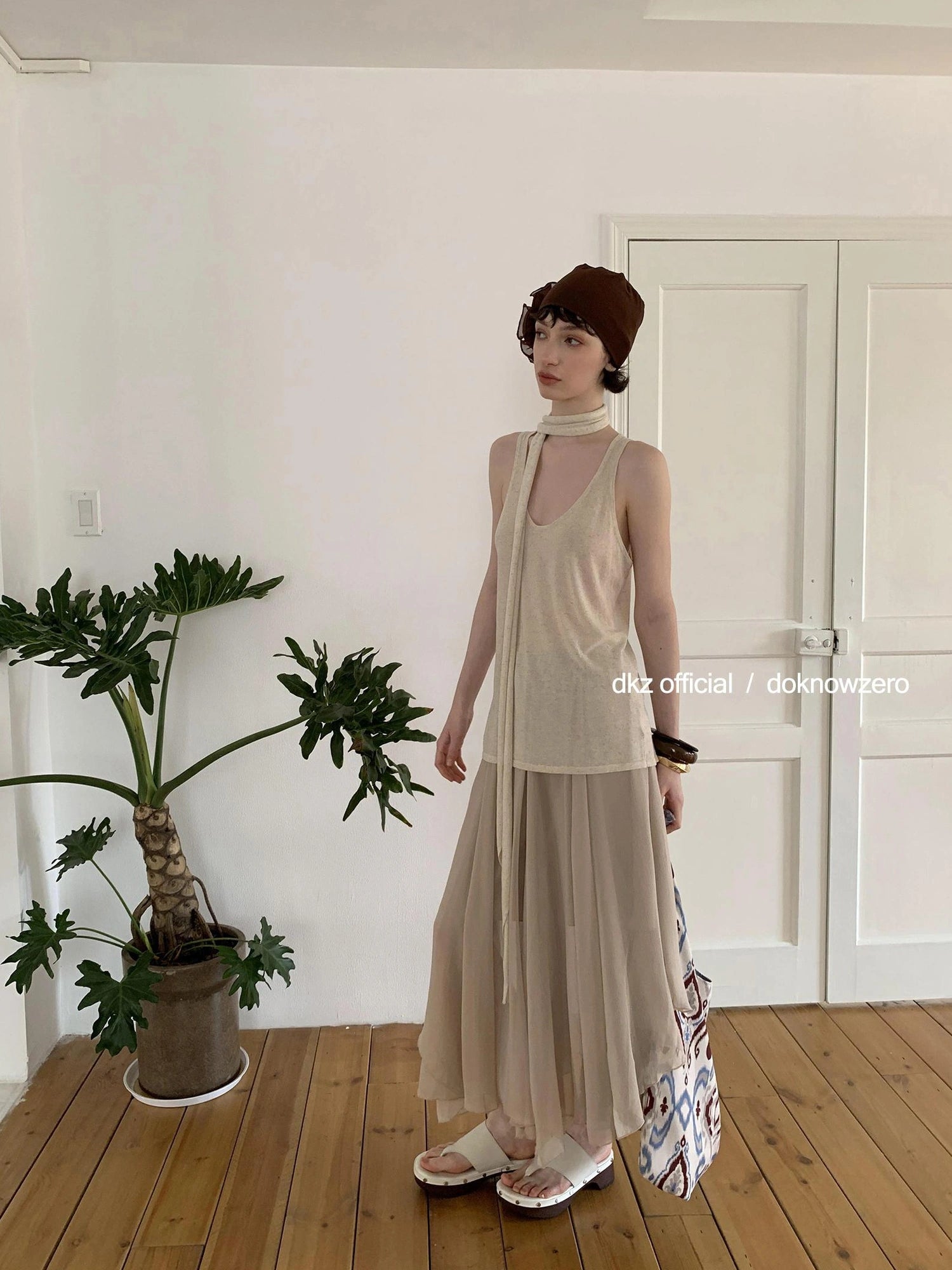 DKZ OFFICIAL Khaki Elastic Waist Flowy Mesh Midi Skirt
