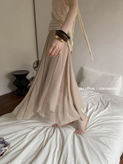 DKZ OFFICIAL Khaki Elastic Waist Flowy Mesh Midi Skirt