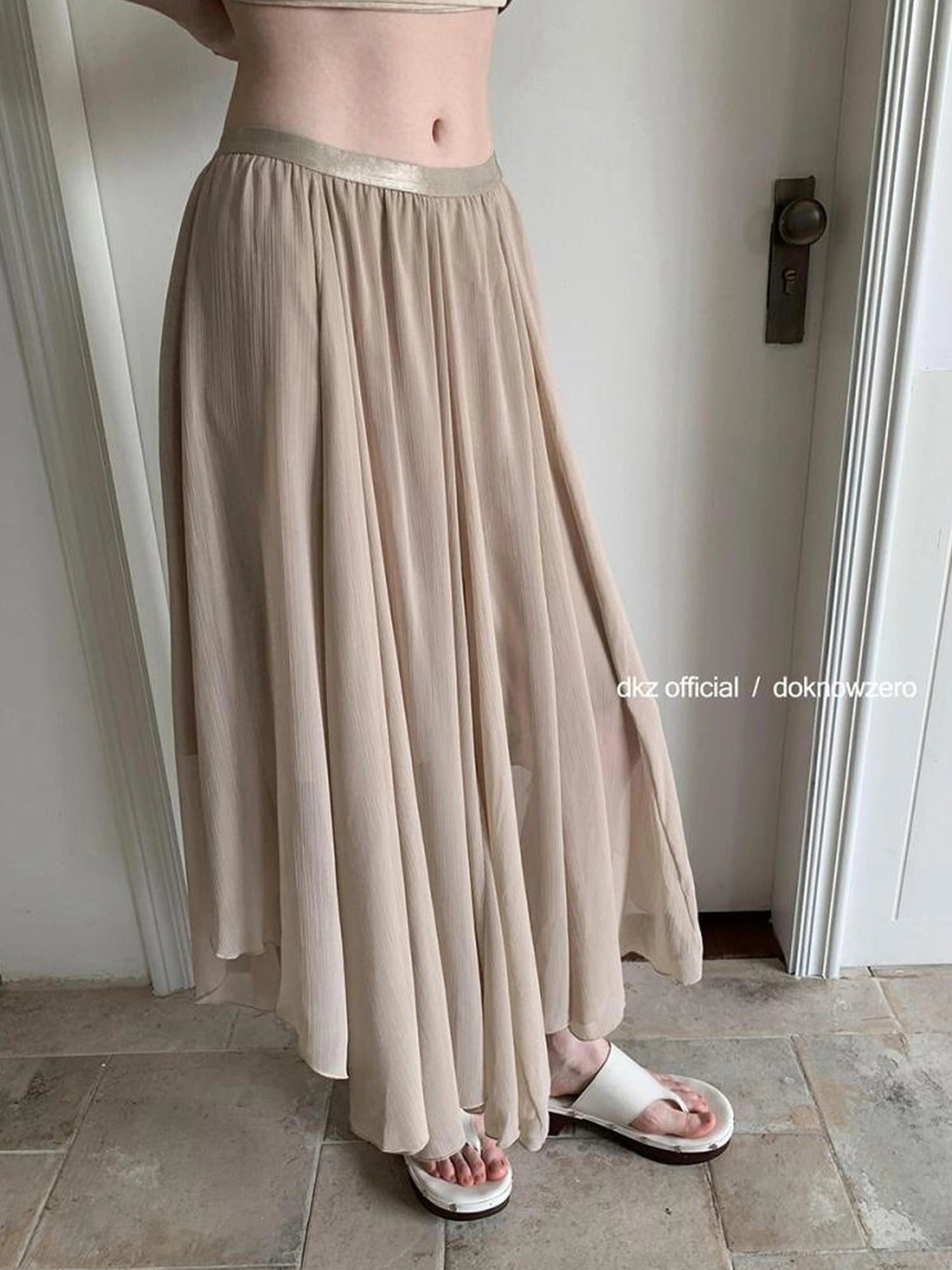DKZ OFFICIAL Khaki Elastic Waist Flowy Mesh Midi Skirt