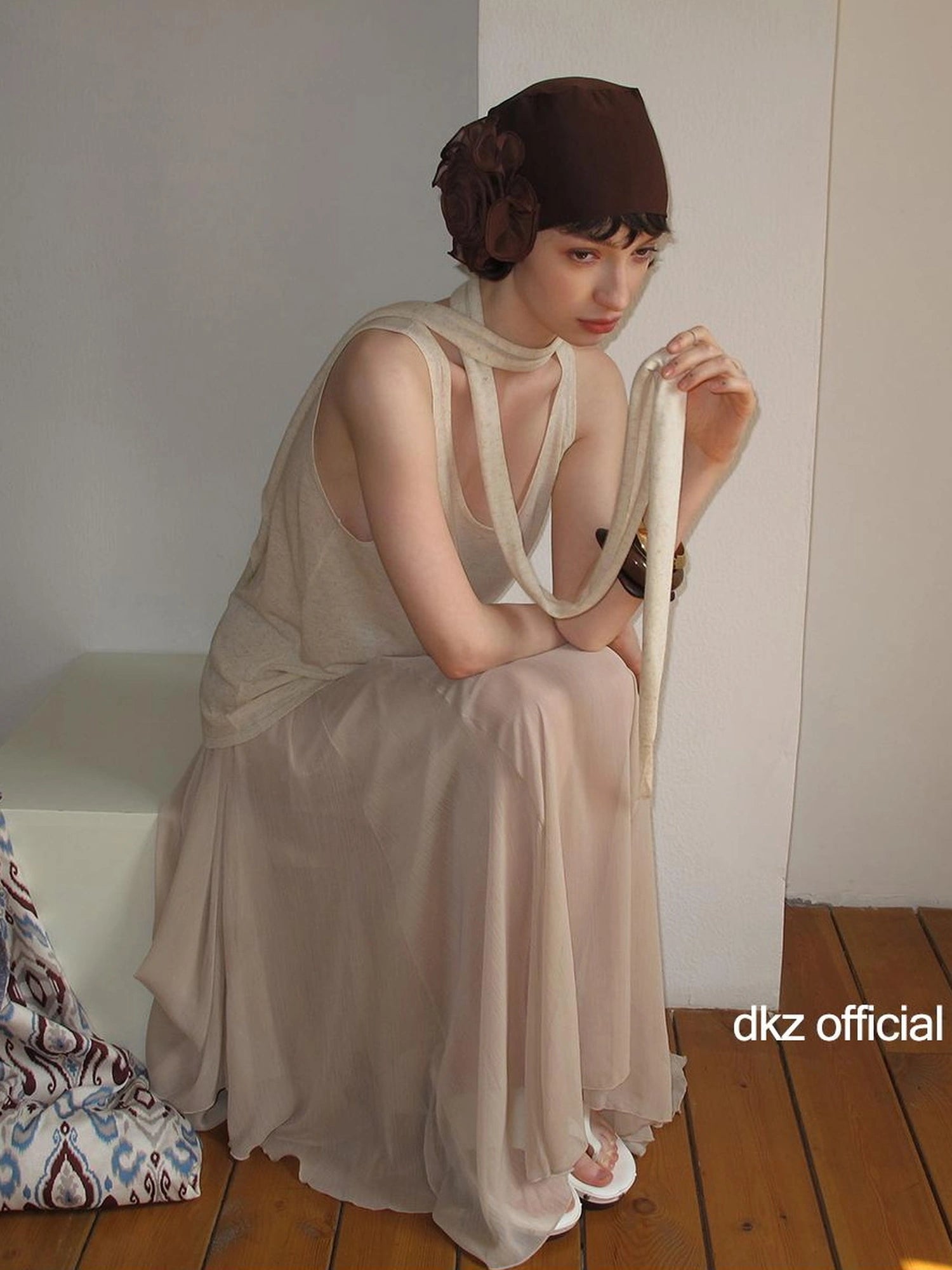 DKZ OFFICIAL Khaki Elastic Waist Flowy Mesh Midi Skirt