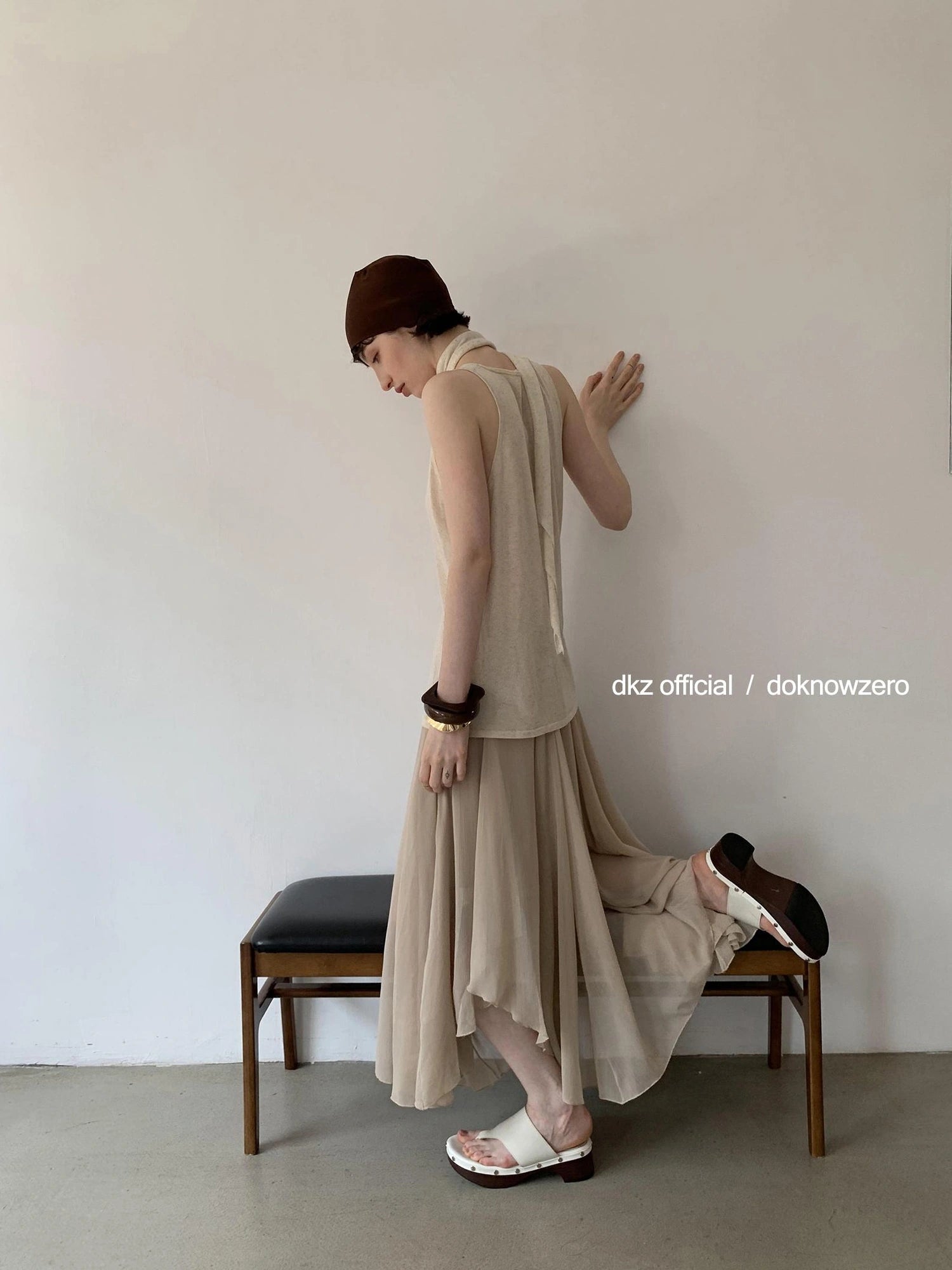 DKZ OFFICIAL Khaki Elastic Waist Flowy Mesh Midi Skirt