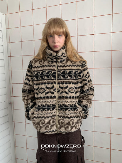 DKZ OFFICIAL Khaki Fair Isle Jacquard Stand Collar Zip Women&