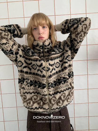 DKZ OFFICIAL Khaki Fair Isle Jacquard Stand Collar Zip Women&
