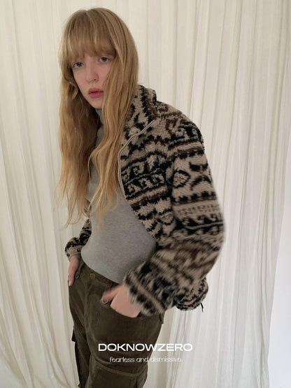 DKZ OFFICIAL Khaki Fair Isle Jacquard Stand Collar Zip Women&