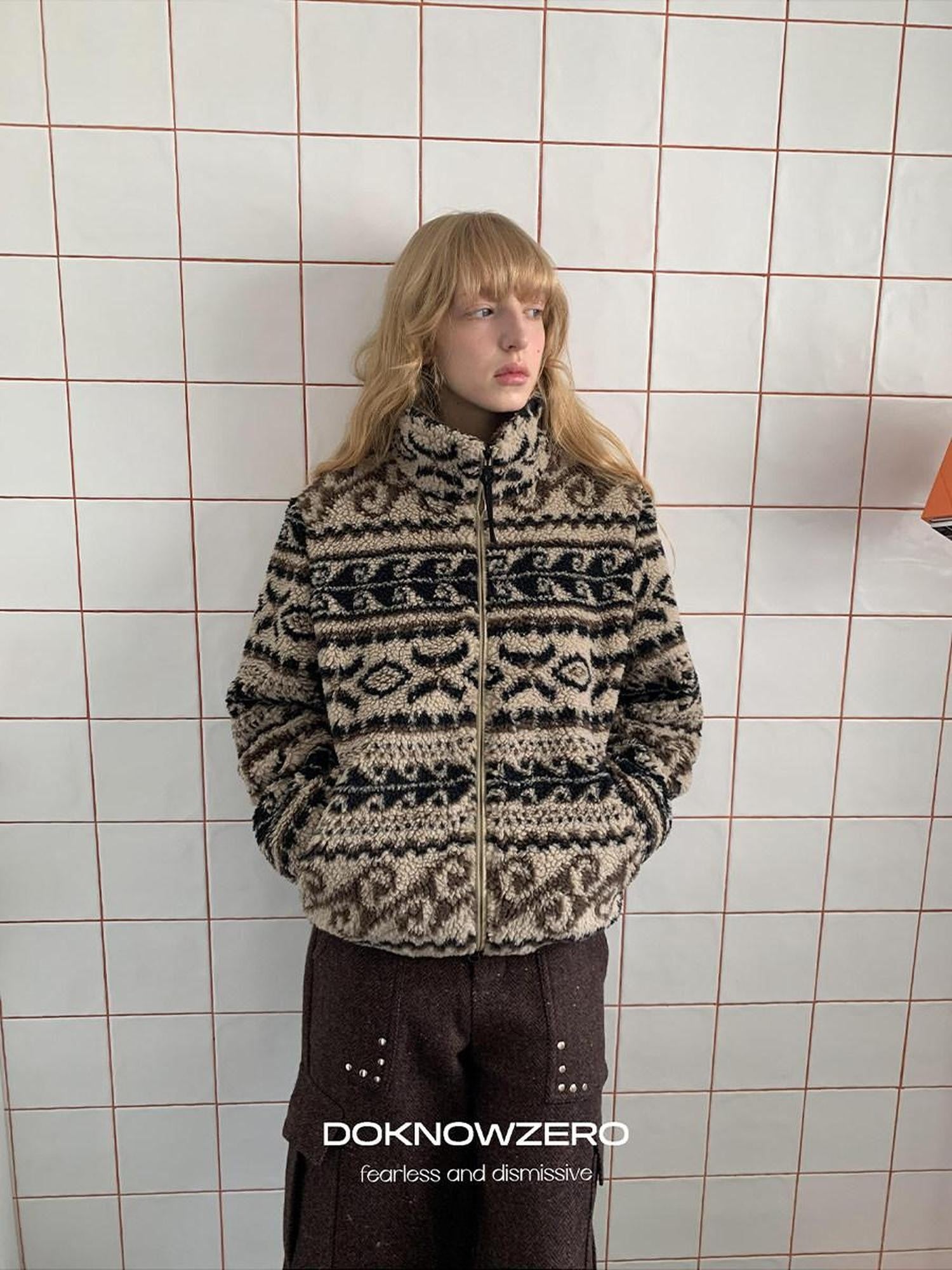 DKZ OFFICIAL Khaki Fair Isle Jacquard Stand Collar Zip Women&