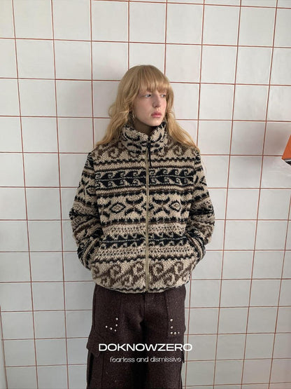 DKZ OFFICIAL Khaki Fair Isle Jacquard Stand Collar Zip Women&