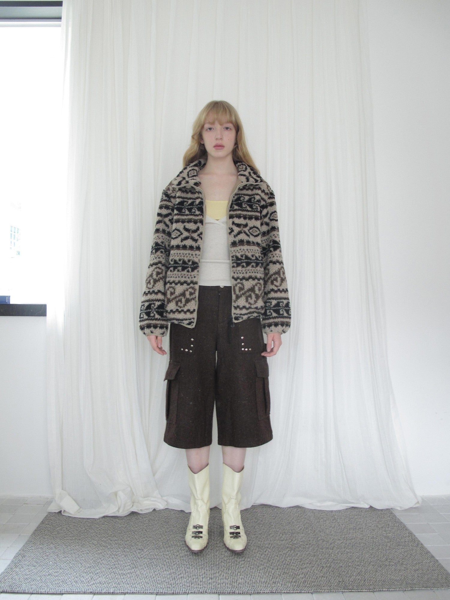 DKZ OFFICIAL Khaki Fair Isle Jacquard Stand Collar Zip Women&