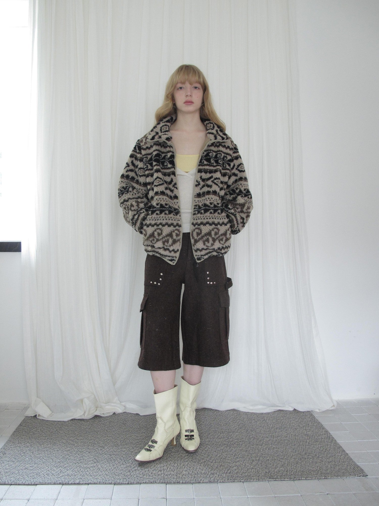 DKZ OFFICIAL Khaki Fair Isle Jacquard Stand Collar Zip Women&