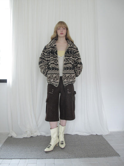 DKZ OFFICIAL Khaki Fair Isle Jacquard Stand Collar Zip Women&