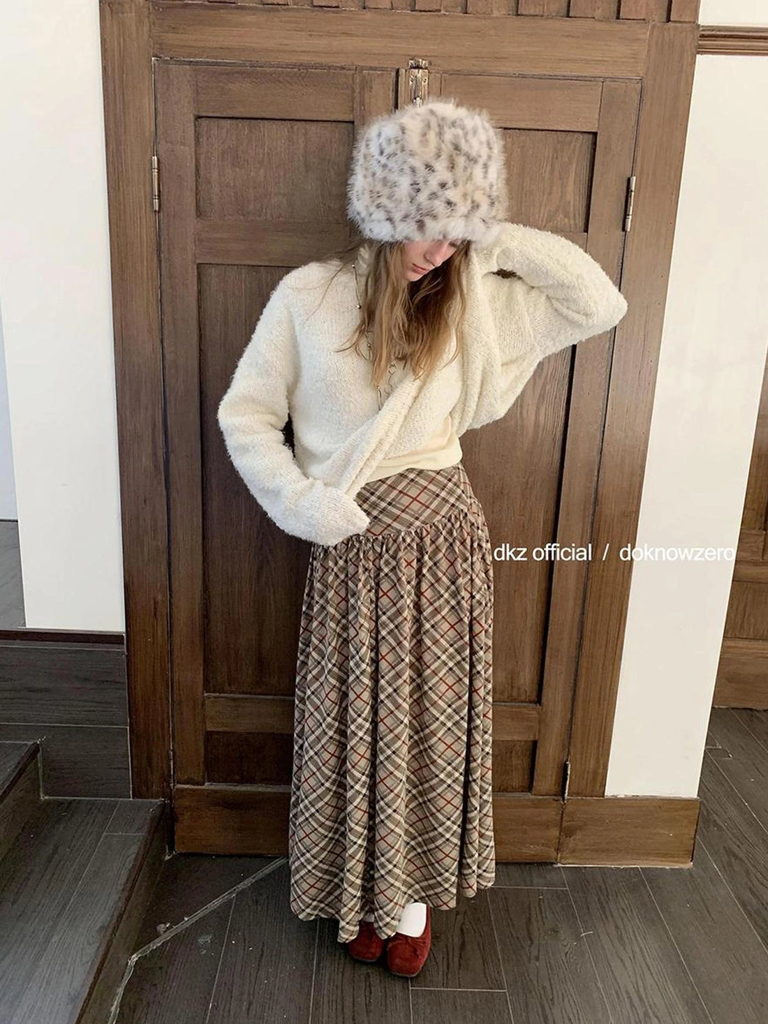 DKZ OFFICIAL Khaki Plaid Midi Skirt With Drop Waist
