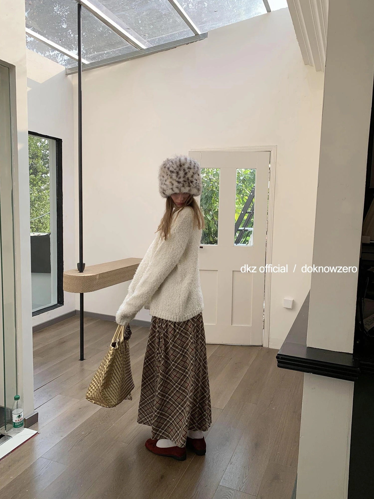 DKZ OFFICIAL Khaki Plaid Midi Skirt With Drop Waist
