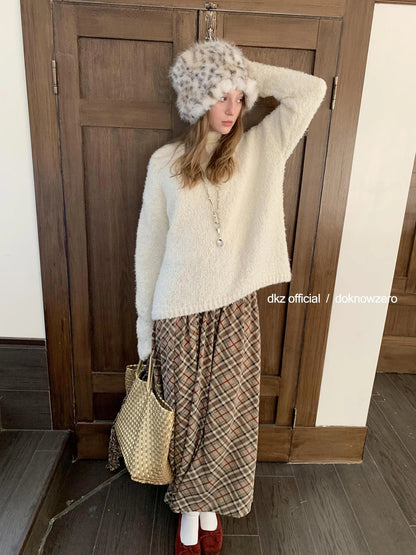 DKZ OFFICIAL Khaki Plaid Midi Skirt With Drop Waist