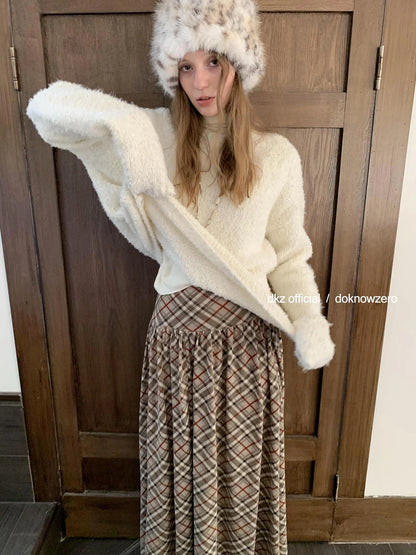 DKZ OFFICIAL Khaki Plaid Midi Skirt With Drop Waist