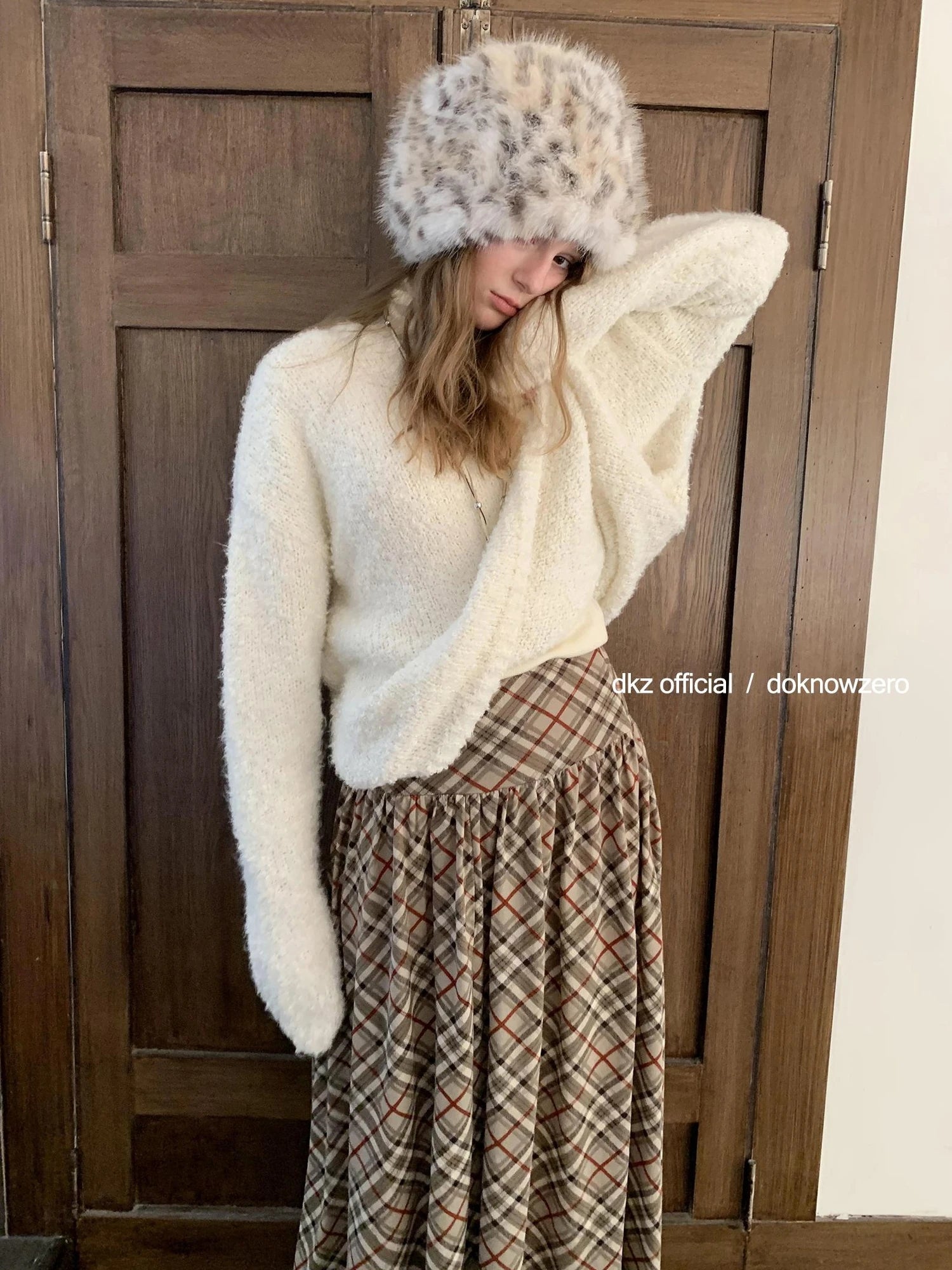 DKZ OFFICIAL Khaki Plaid Midi Skirt With Drop Waist