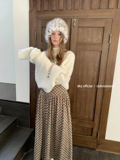 DKZ OFFICIAL Khaki Plaid Midi Skirt With Drop Waist