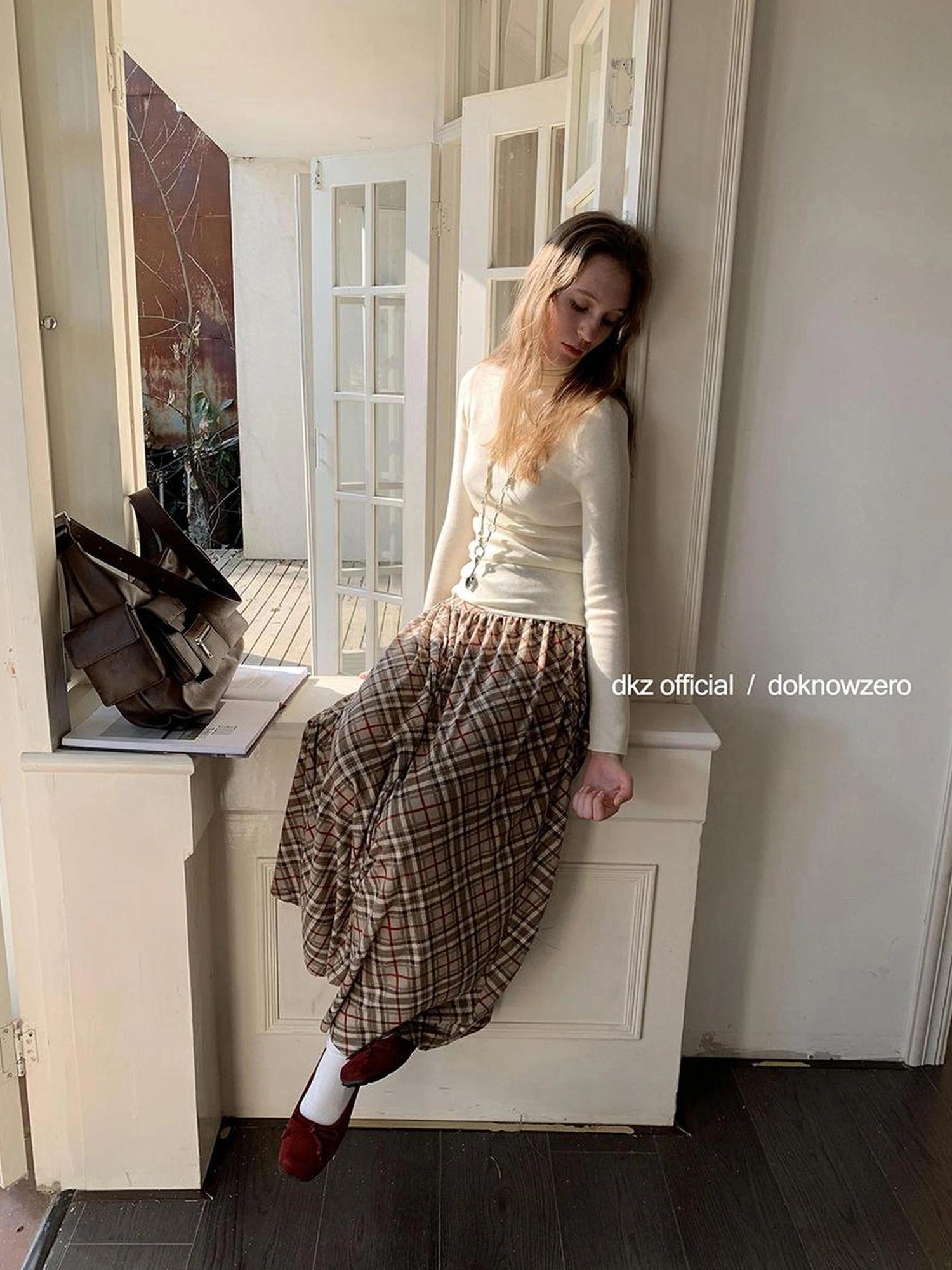 DKZ OFFICIAL Khaki Plaid Midi Skirt With Drop Waist