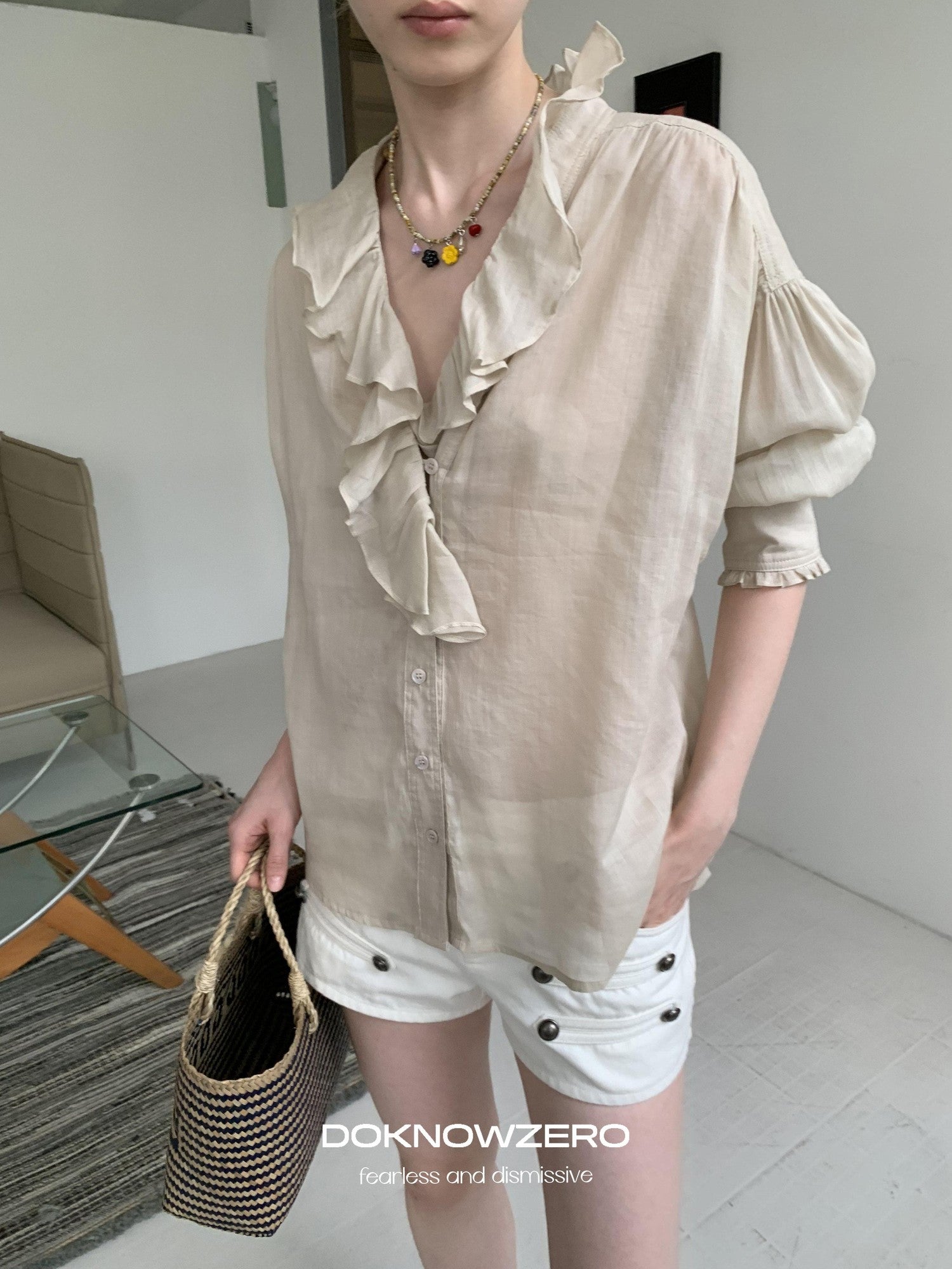 DKZ OFFICIAL Khaki Ruffle Petal Collar Buttoned Mid Sleeve Women&