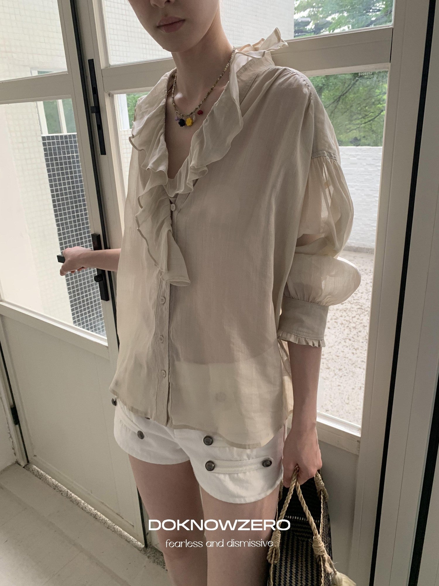 DKZ OFFICIAL Khaki Ruffle Petal Collar Buttoned Mid Sleeve Women&
