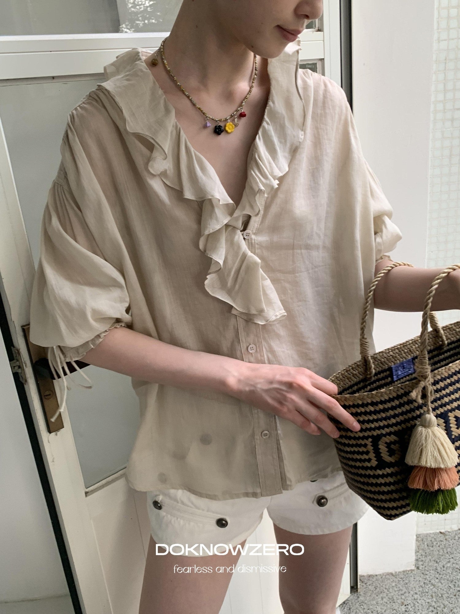DKZ OFFICIAL Khaki Ruffle Petal Collar Buttoned Mid Sleeve Women&