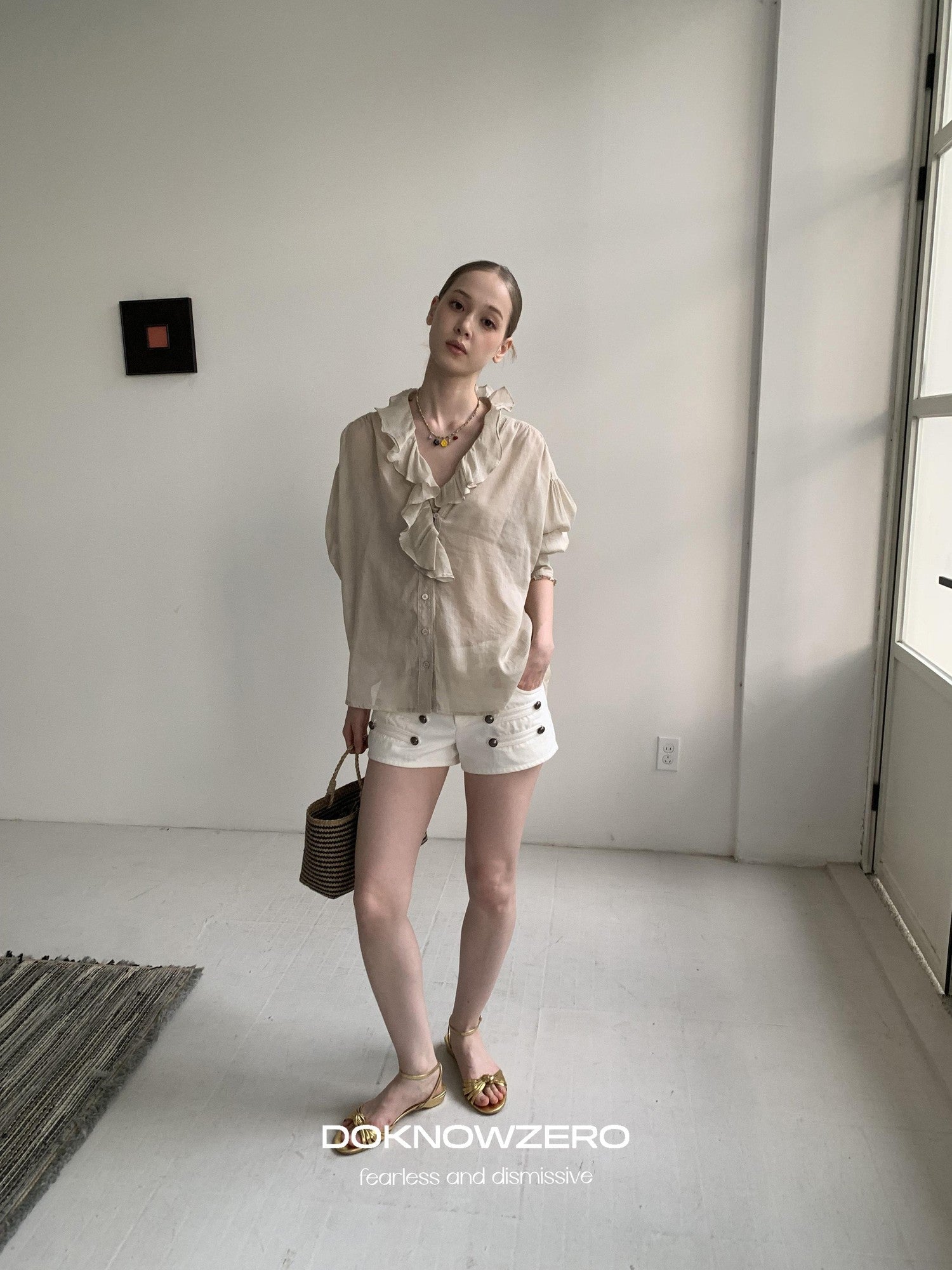 DKZ OFFICIAL Khaki Ruffle Petal Collar Buttoned Mid Sleeve Women&