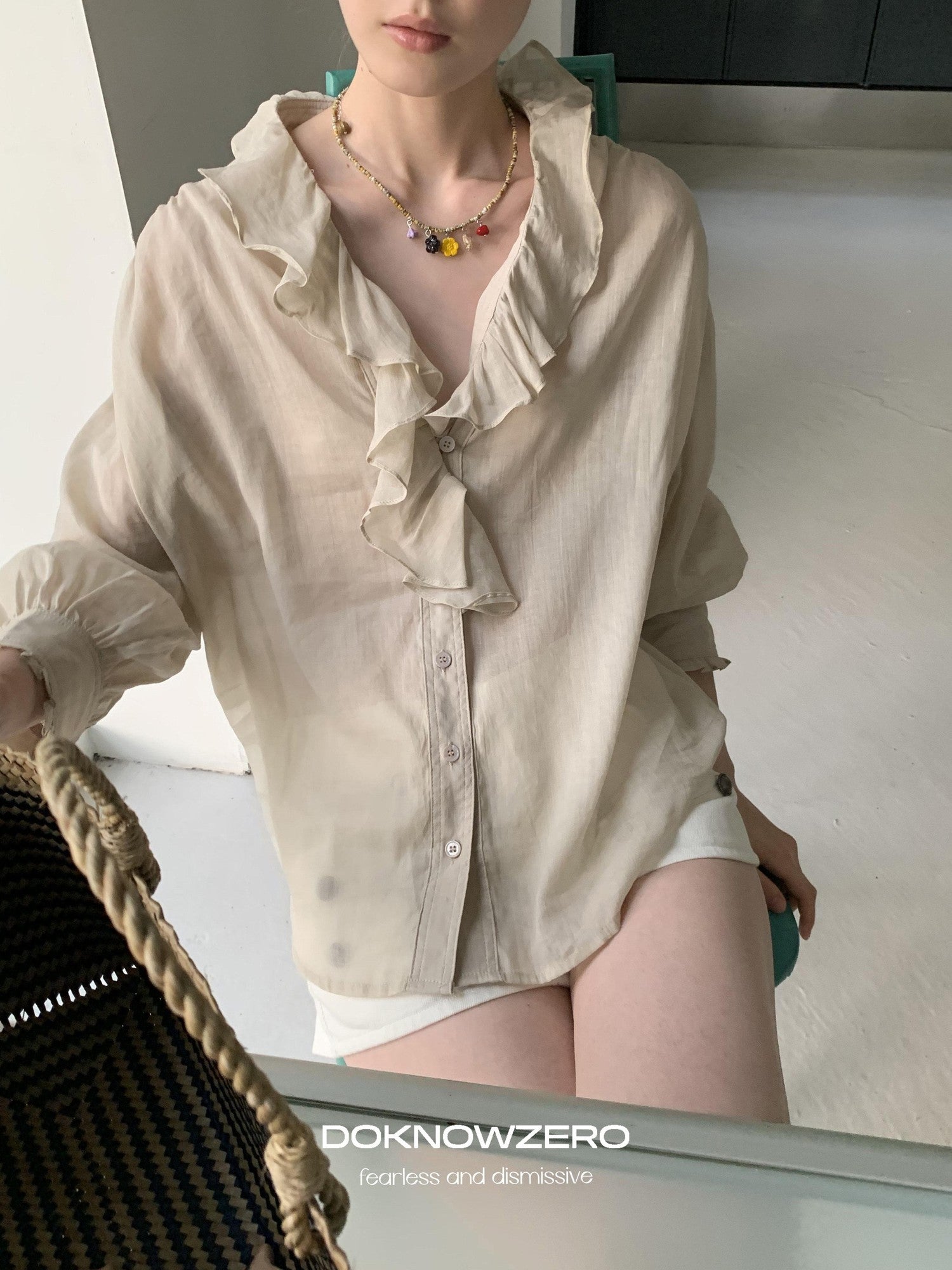 DKZ OFFICIAL Khaki Ruffle Petal Collar Buttoned Mid Sleeve Women&