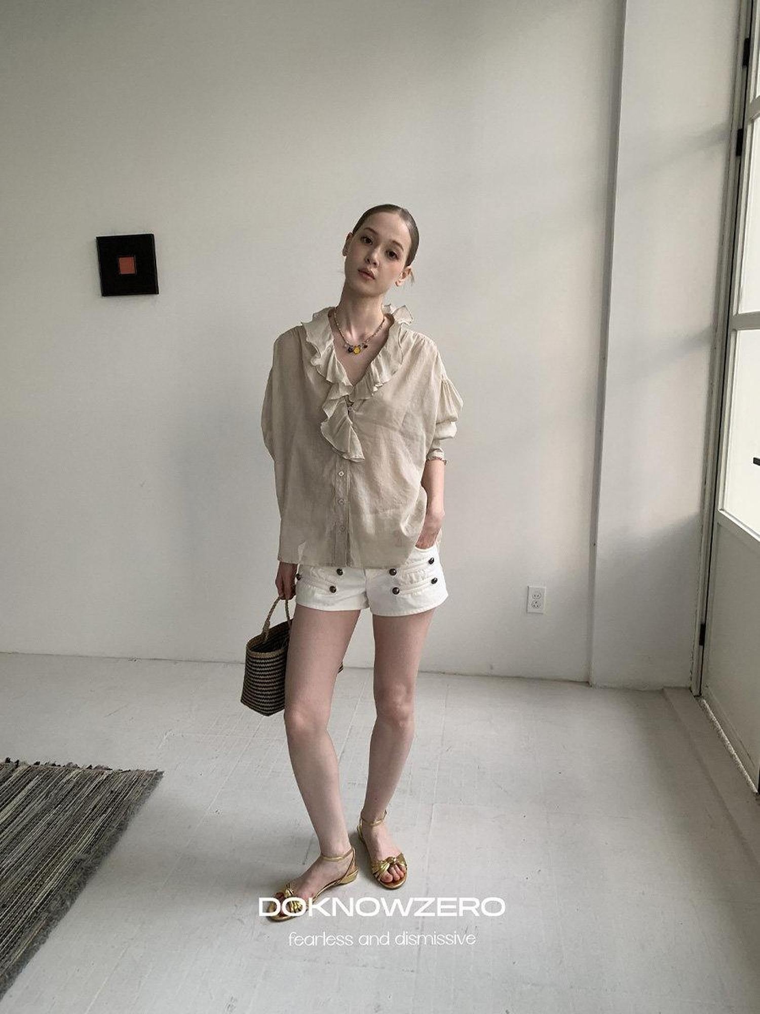 DKZ OFFICIAL Khaki Ruffle Petal Collar Buttoned Mid Sleeve Women&