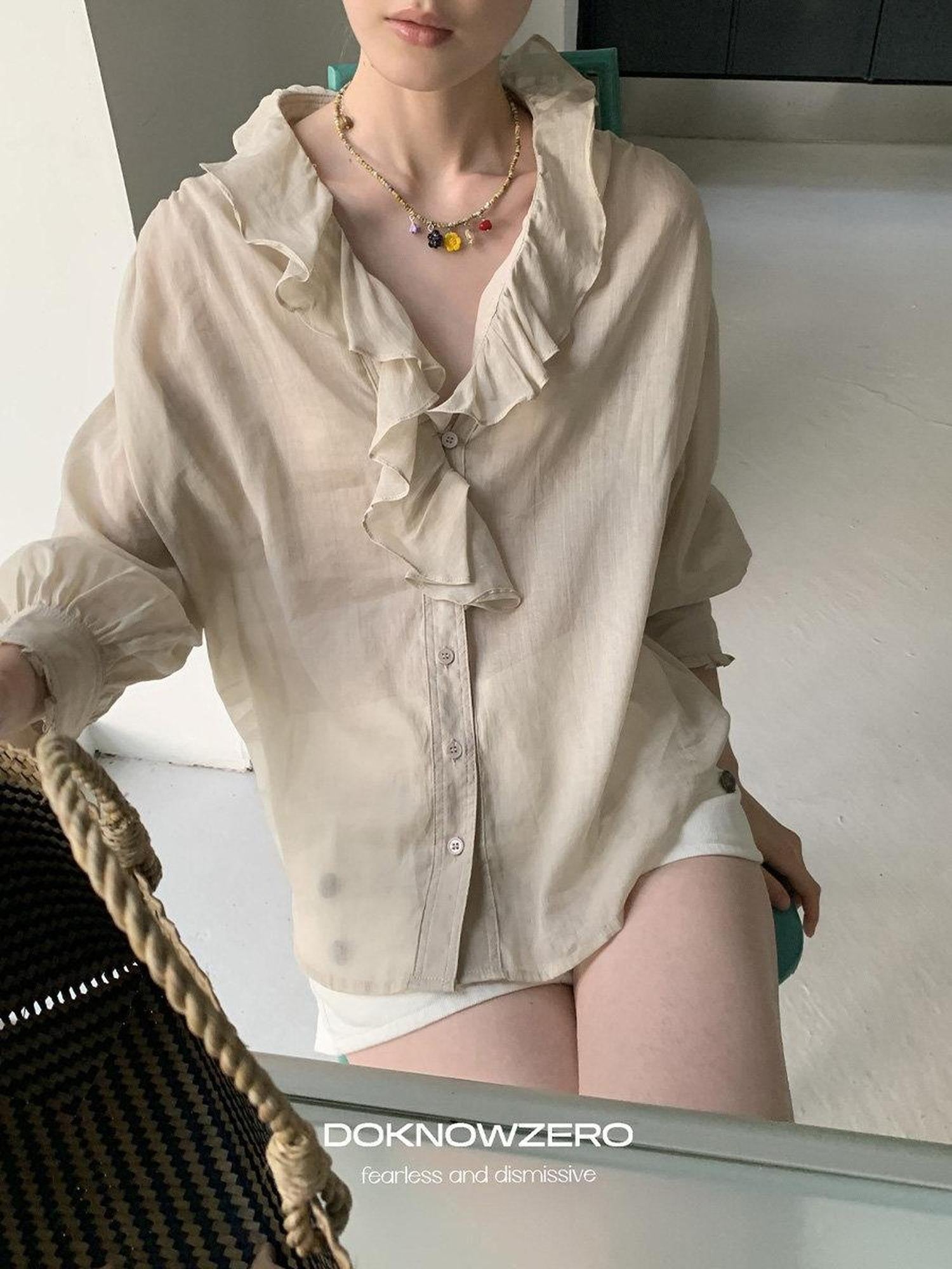 DKZ OFFICIAL Khaki Ruffle Petal Collar Buttoned Mid Sleeve Women&