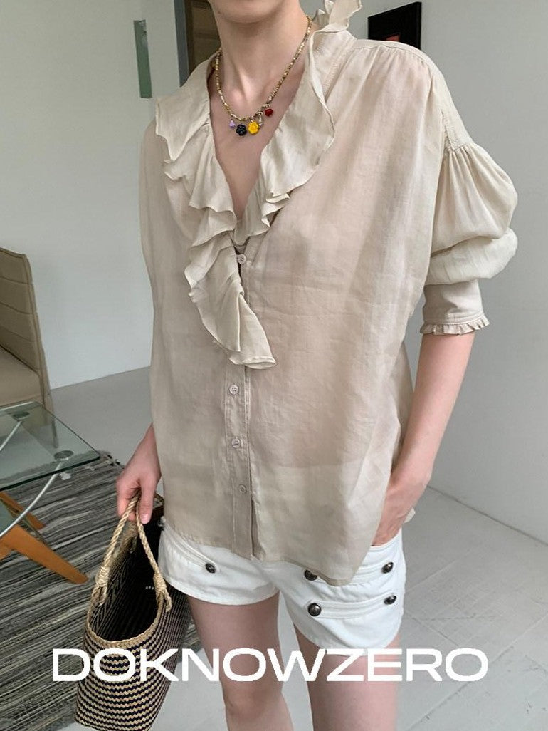 DKZ OFFICIAL Khaki Ruffle Petal Collar Buttoned Mid Sleeve Women&