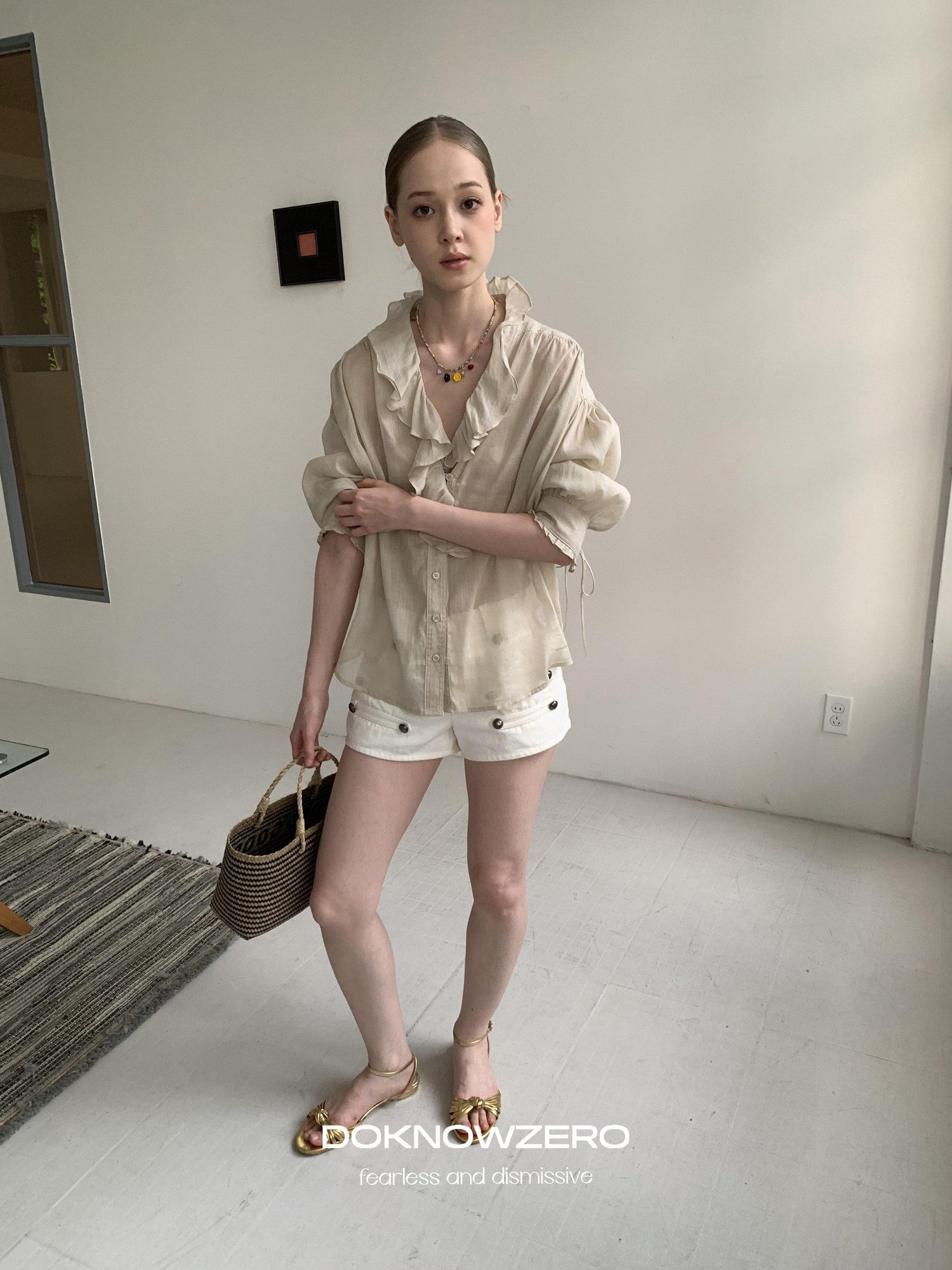 DKZ OFFICIAL Khaki Ruffle Petal Collar Buttoned Mid Sleeve Women&