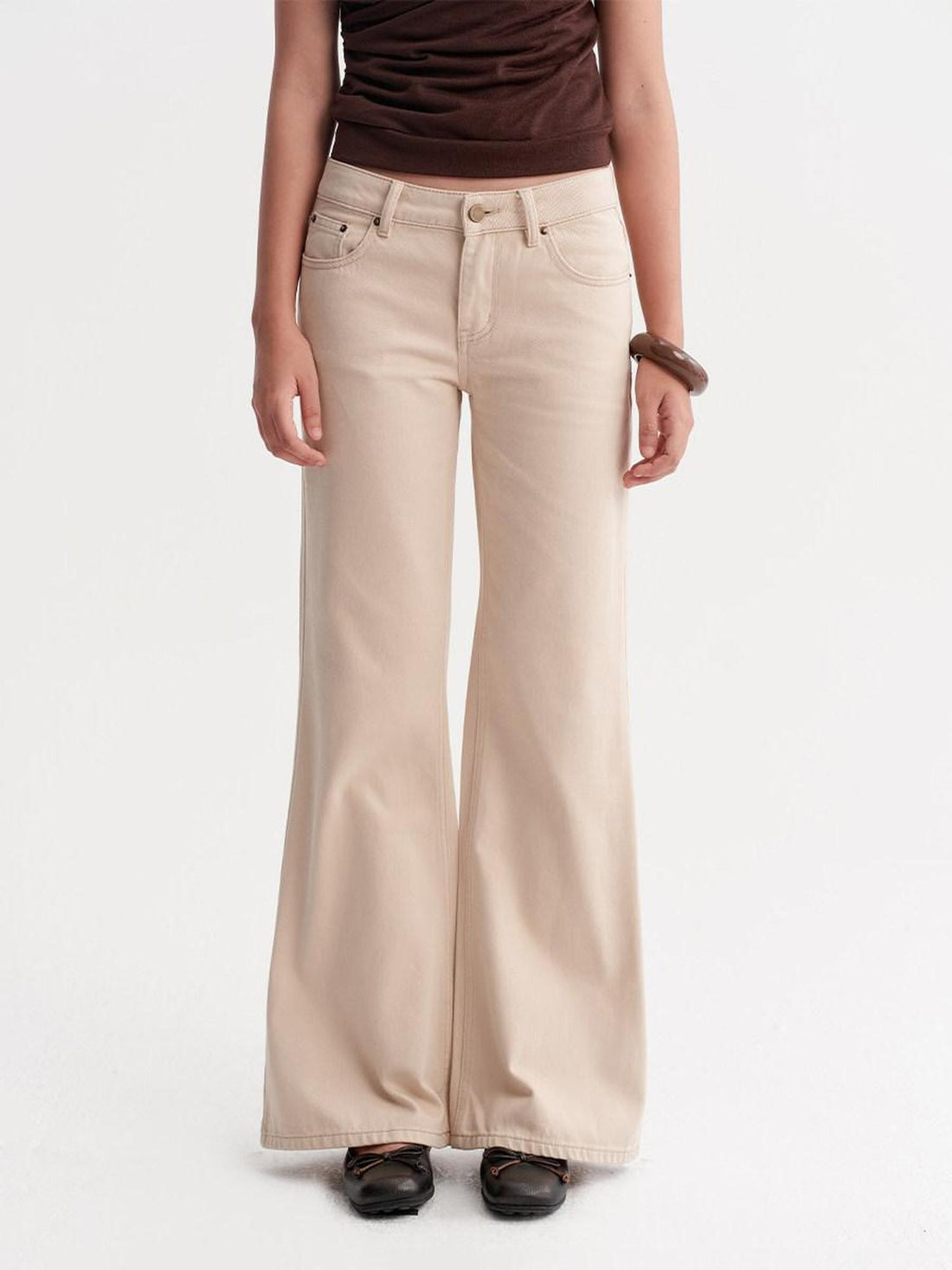 DKZ OFFICIAL Khaki Washed Pocket Button Natural Waist Micro Flare Women&