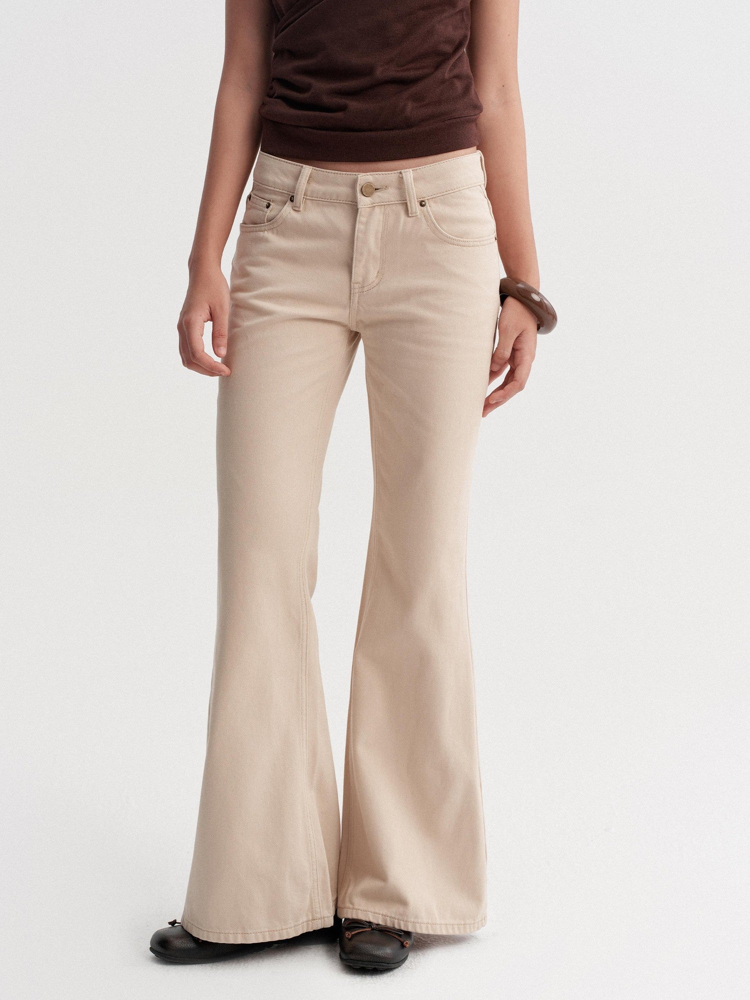 DKZ OFFICIAL Khaki Washed Pocket Button Natural Waist Micro Flare Women&