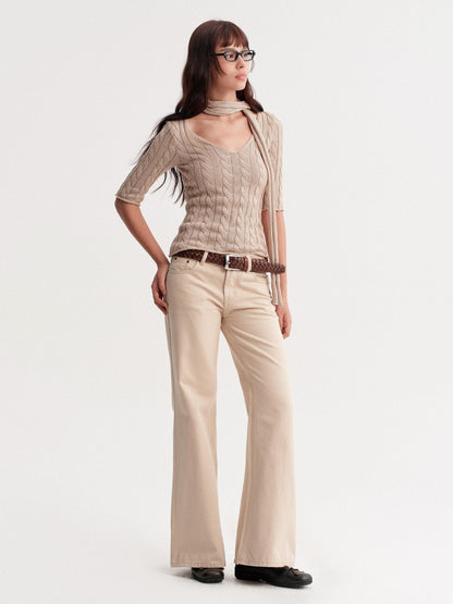 DKZ OFFICIAL Khaki Washed Pocket Button Natural Waist Micro Flare Women&