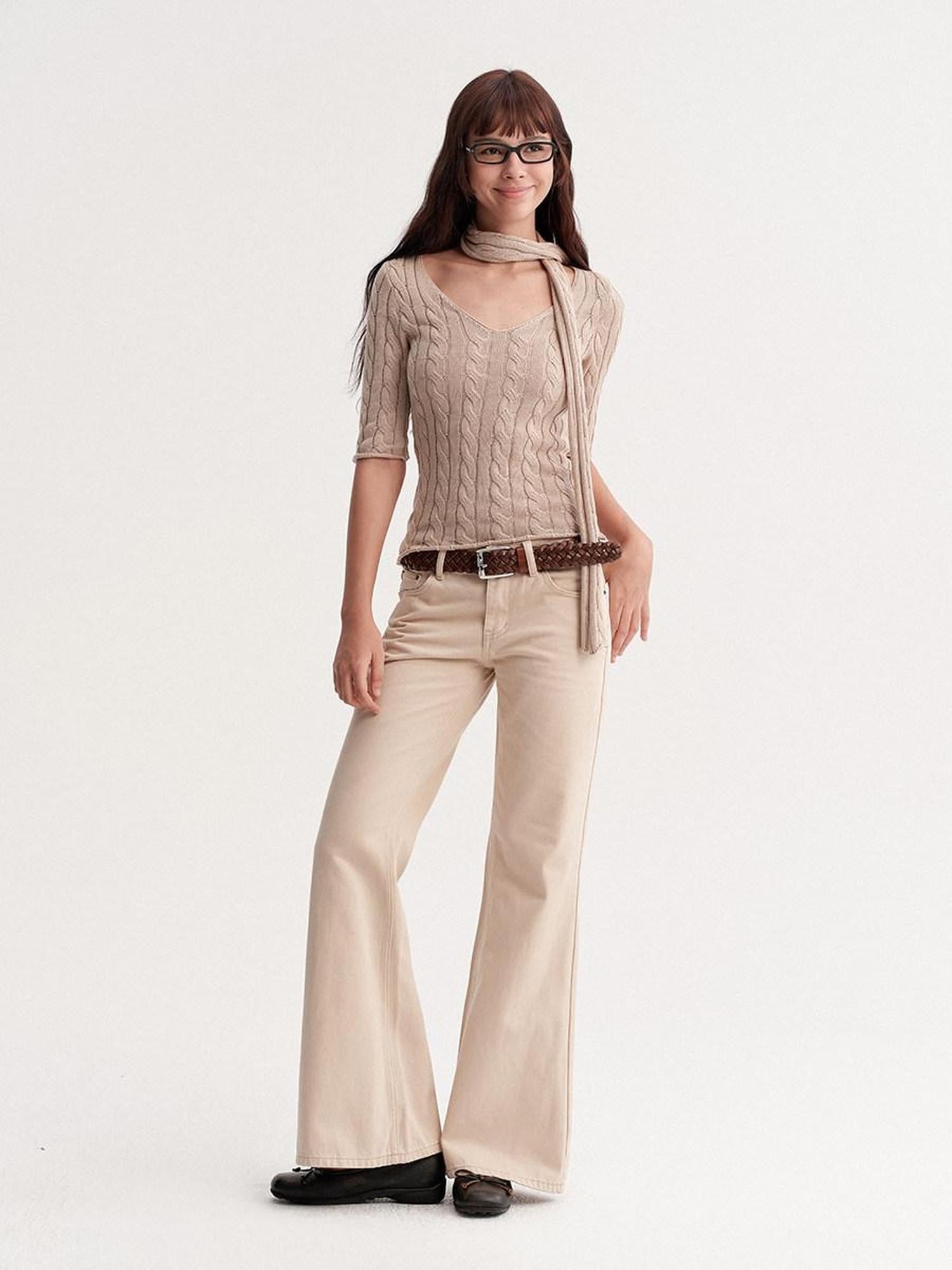 DKZ OFFICIAL Khaki Washed Pocket Button Natural Waist Micro Flare Women&