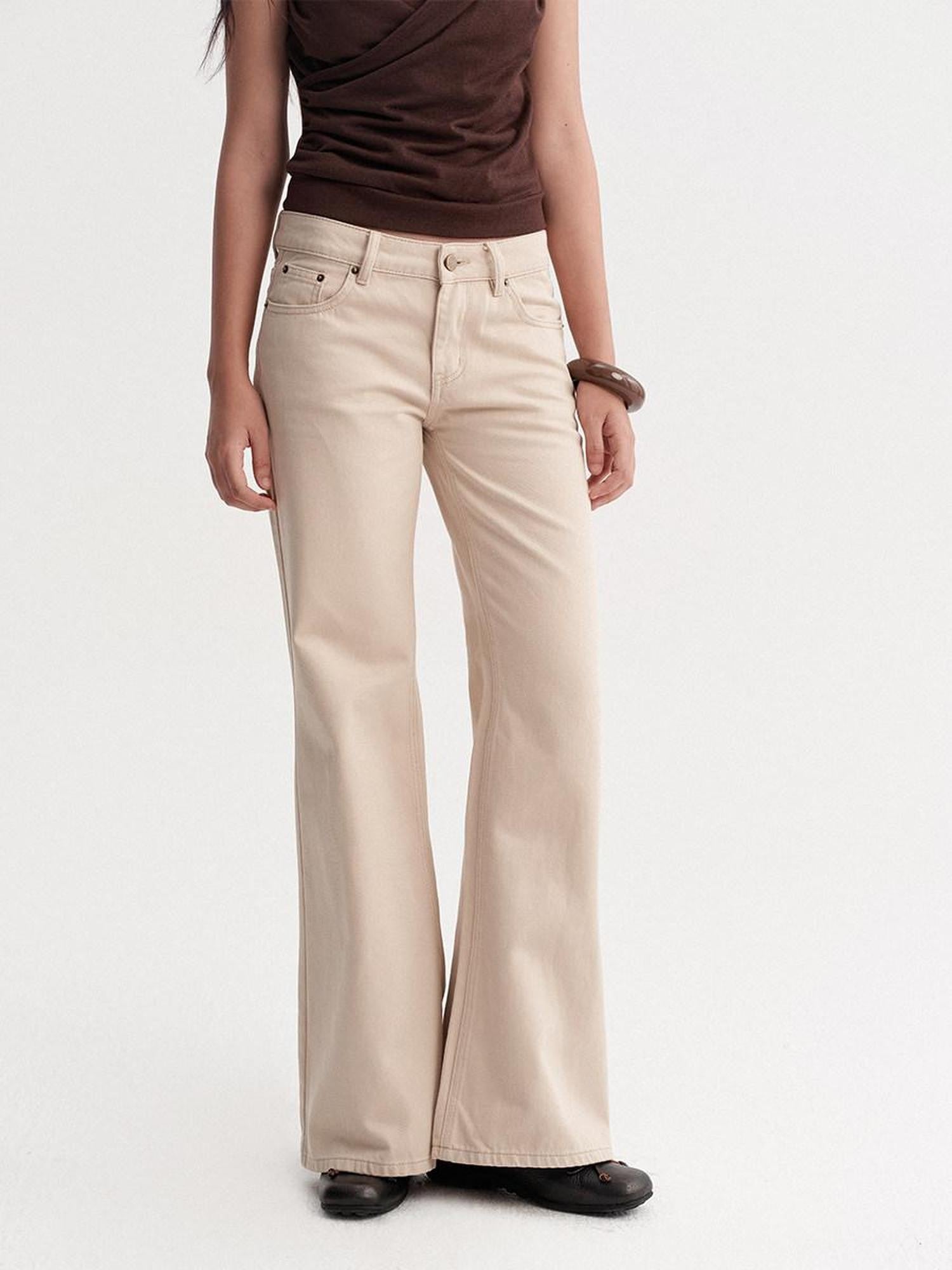 DKZ OFFICIAL Khaki Washed Pocket Button Natural Waist Micro Flare Women&