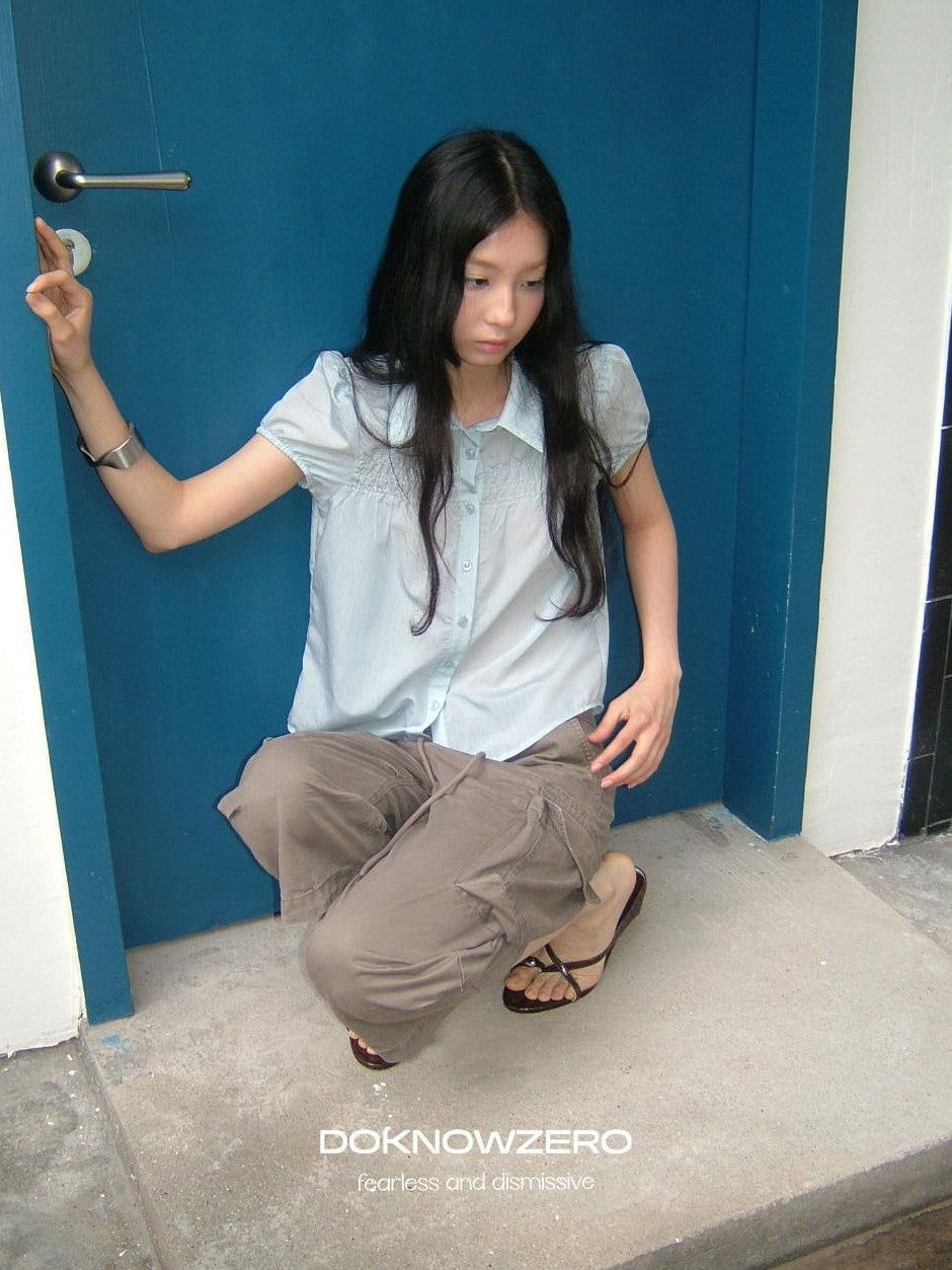 DKZ OFFICIAL Khaki Waterwash Vintage Distressed Pocket Straight Women&