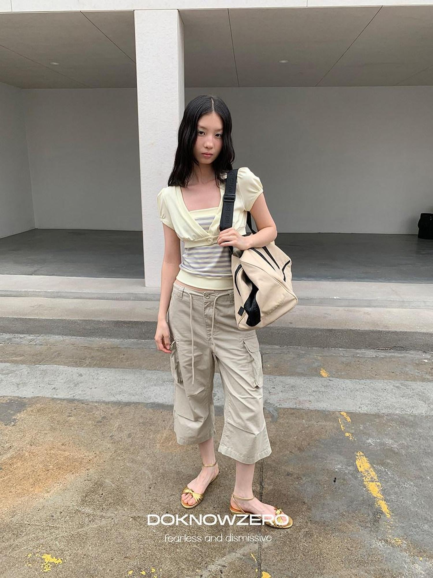 DKZ OFFICIAL Khaki Waterwash Vintage Distressed Pocket Straight Women&
