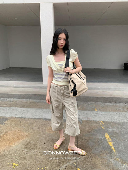 DKZ OFFICIAL Khaki Waterwash Vintage Distressed Pocket Straight Women&