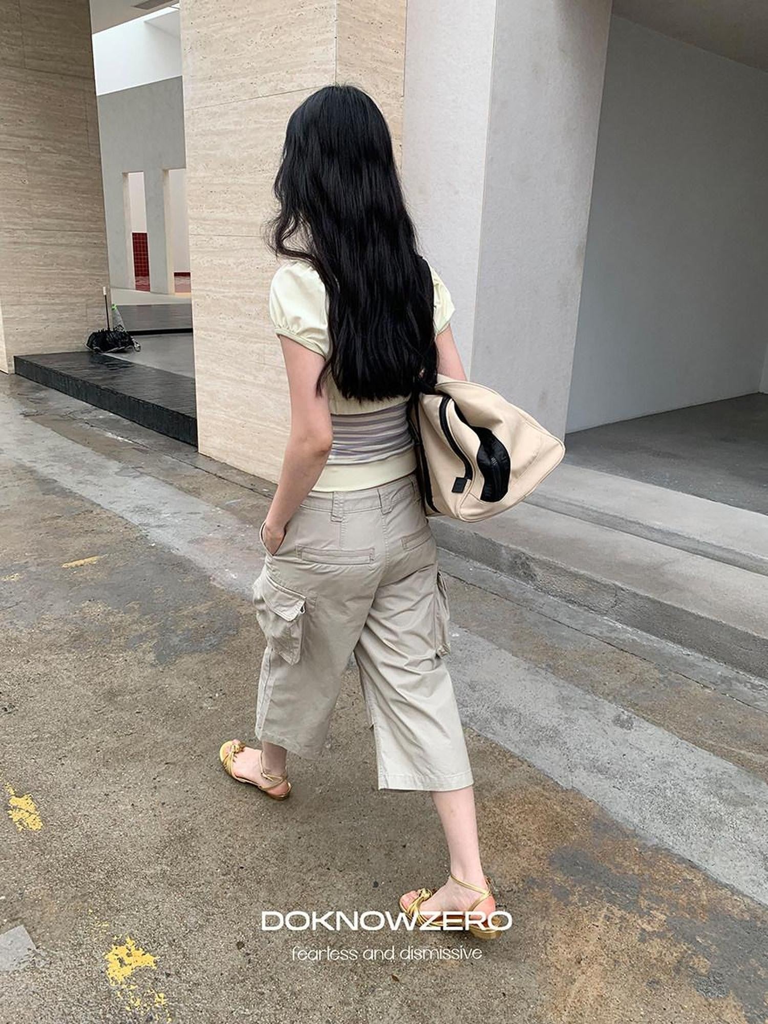 DKZ OFFICIAL Khaki Waterwash Vintage Distressed Pocket Straight Women&